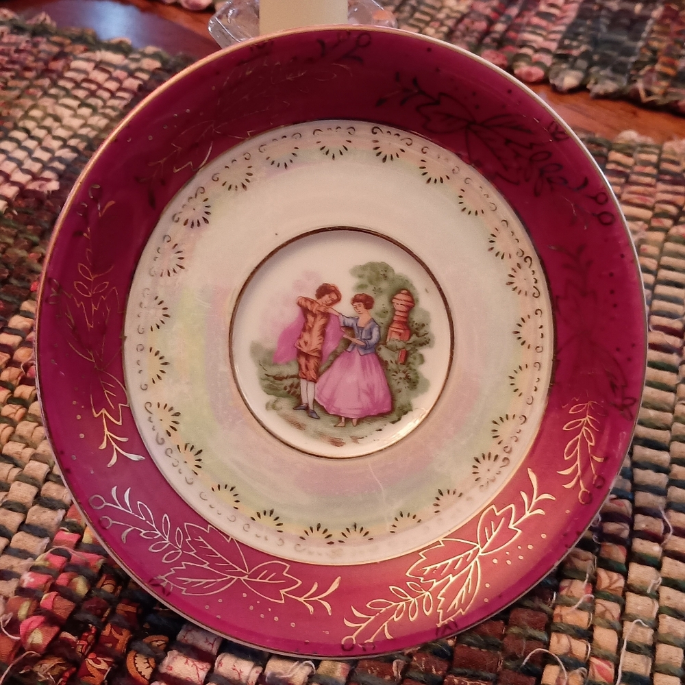 3/$15 Vintage Courting Couple Lusterware Plate with Pink and Gold Accents